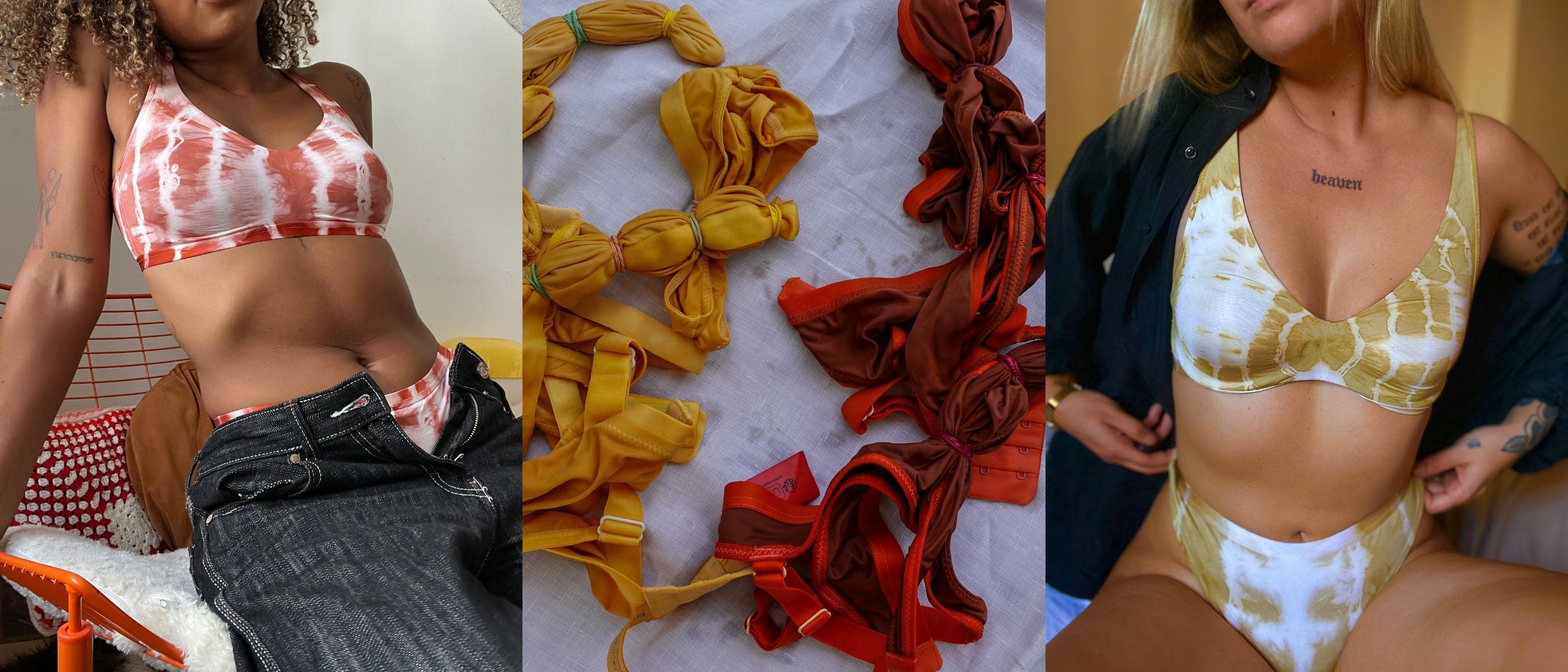 Banner mit 3 Bildern 2 davon mit einer Frau in gelb-weißem und rot weißem NATURANA BH mit Batikmuster; abgebildet ist der Oberkörper von den Schultern bis zu den Oberschenkeln.