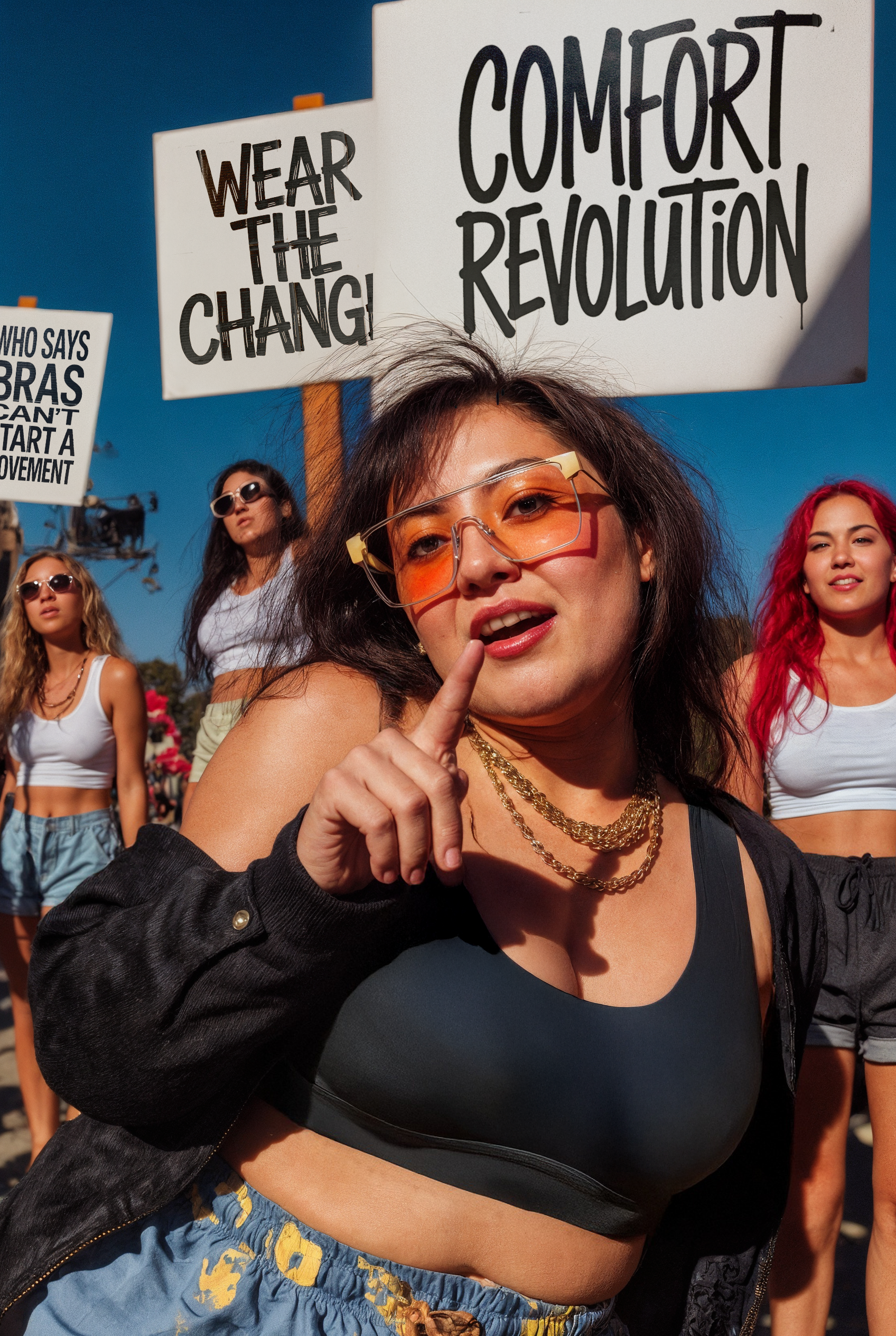 Poster eines AI-Modells, das inmitten der Protestmenge der Comfort Revolution posiert