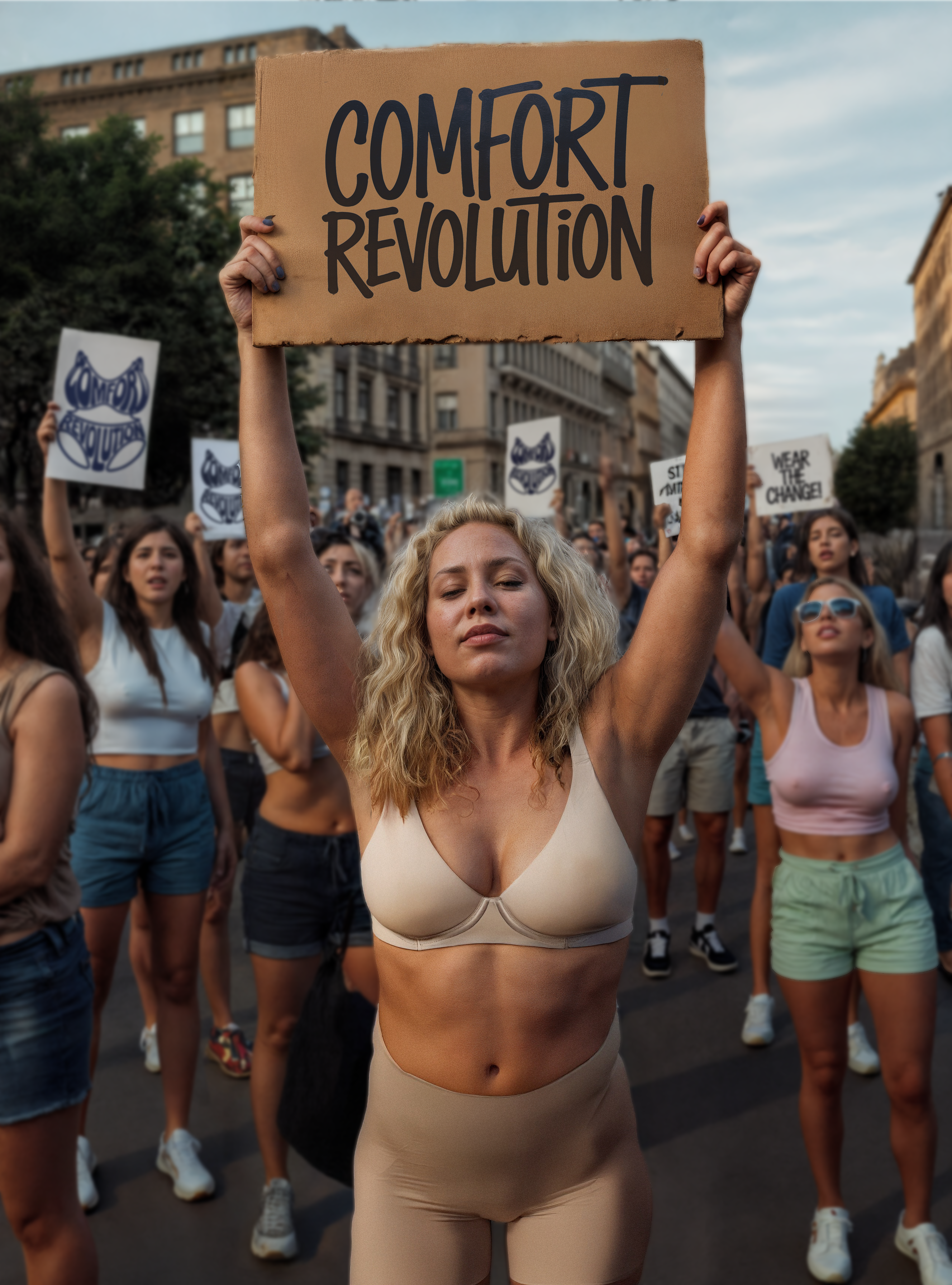 AI-Modell hebt ein Kartonplakat mit der Aufschrift Comfort Revolution inmitten einer Protestmenge
