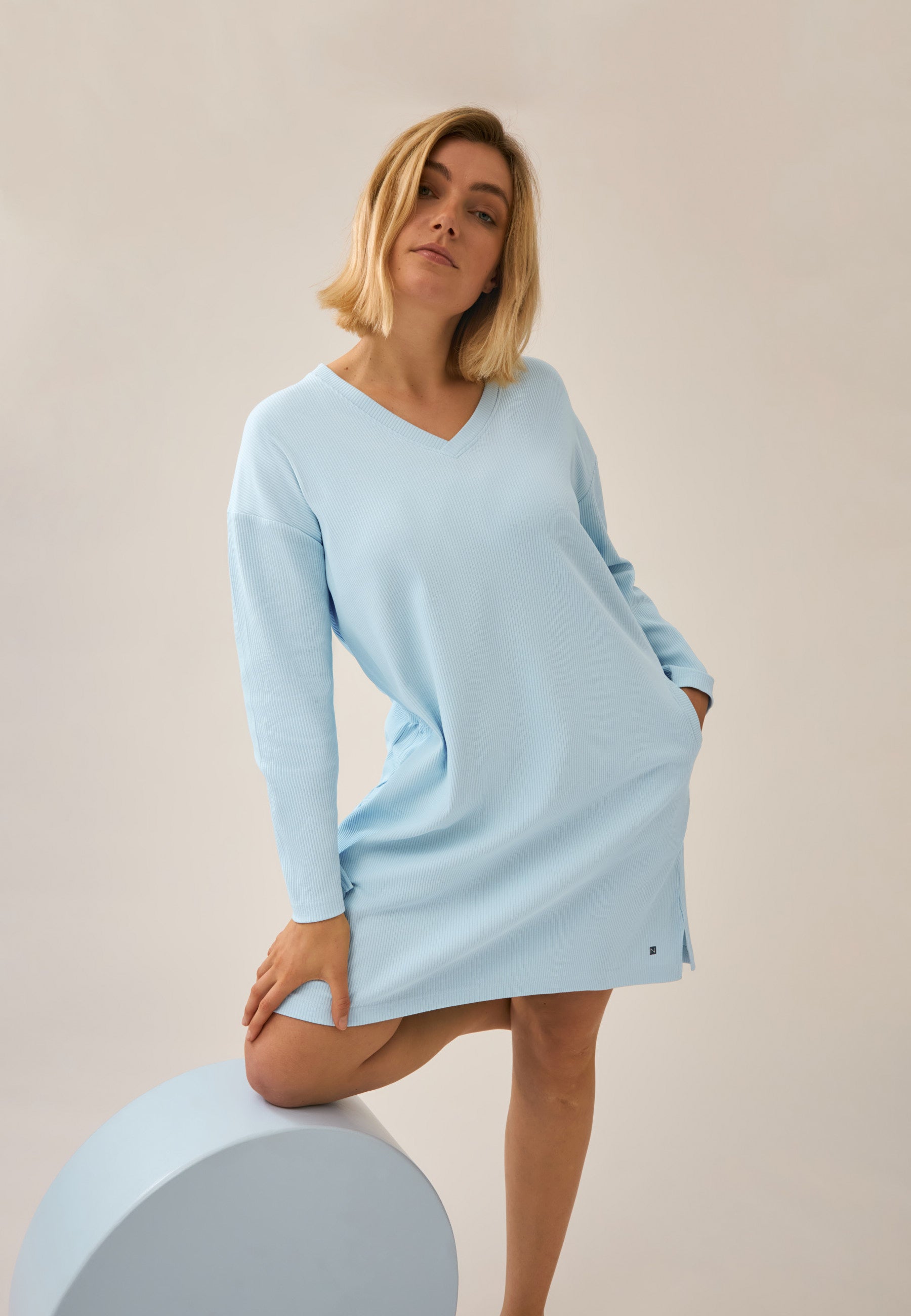 Ribbed Long-Sleeve Bigshirt - Swimming Pool