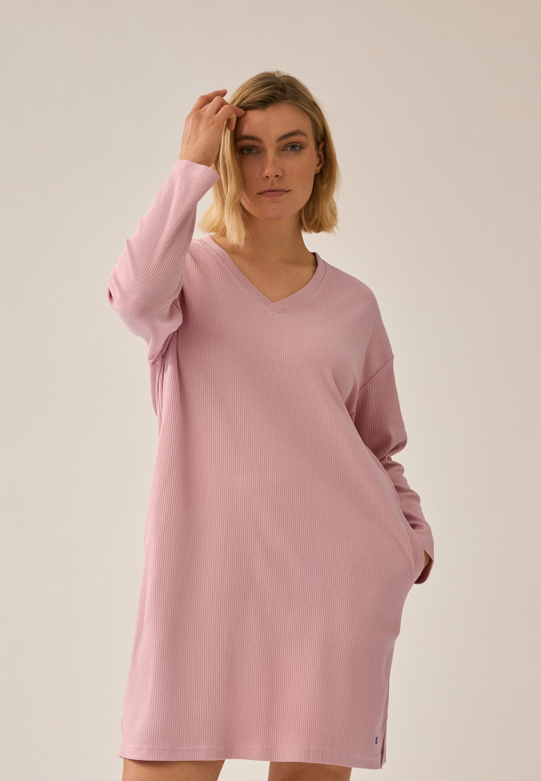 Ribbed Long-Sleeve Bigshirt - Pink Rose