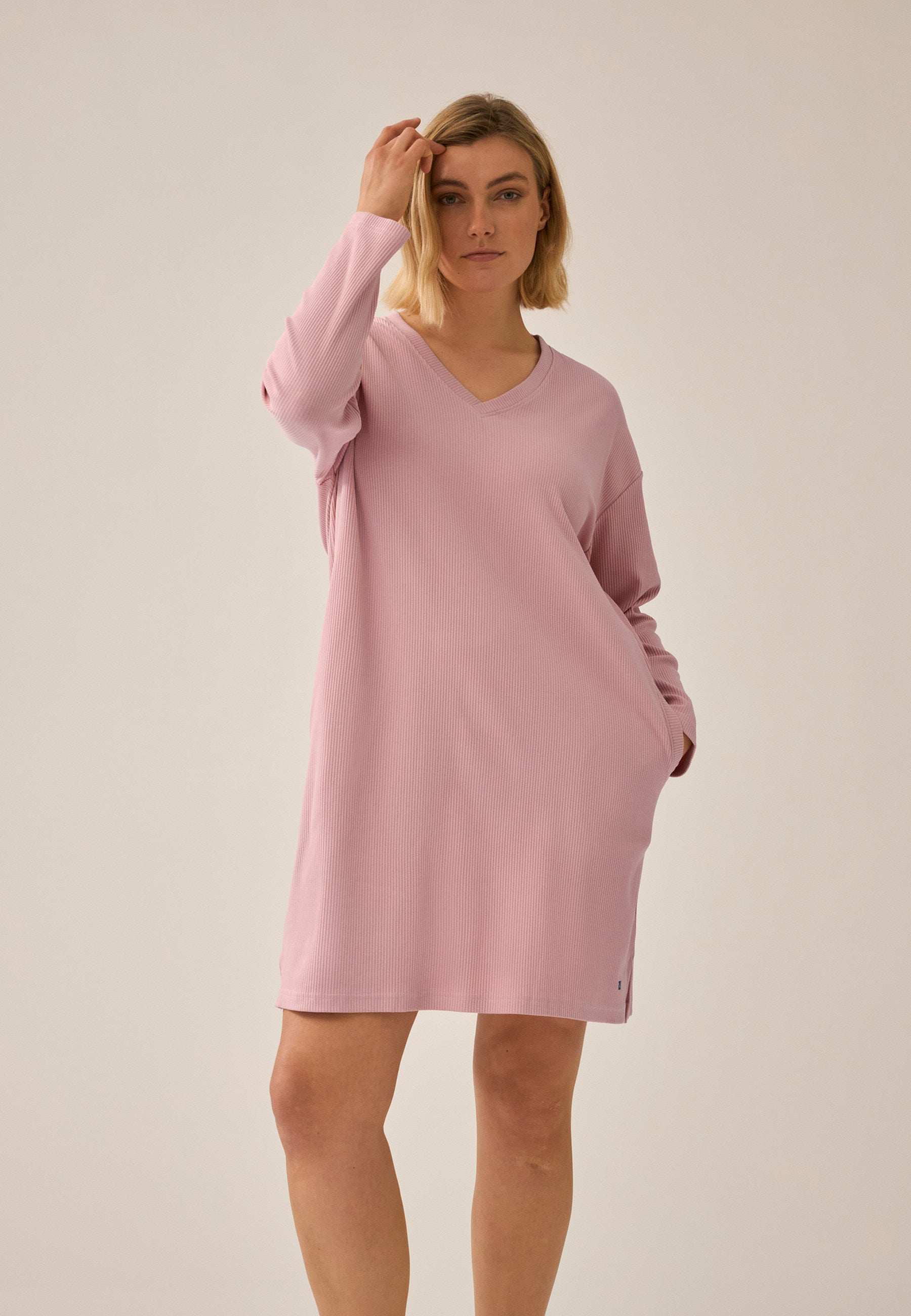 Ribbed Long-Sleeve Bigshirt - Pink Rose