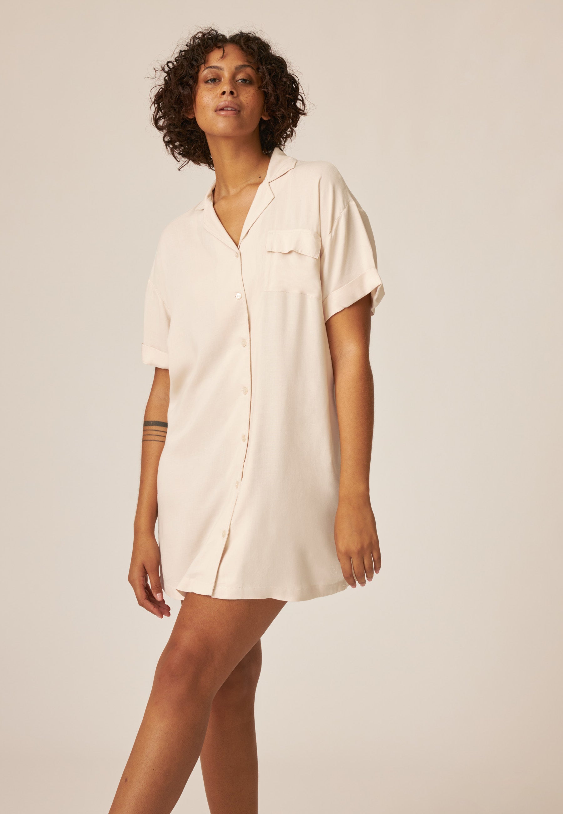 Short Sleeve Dress with Button Placket - Summer Break - Sand