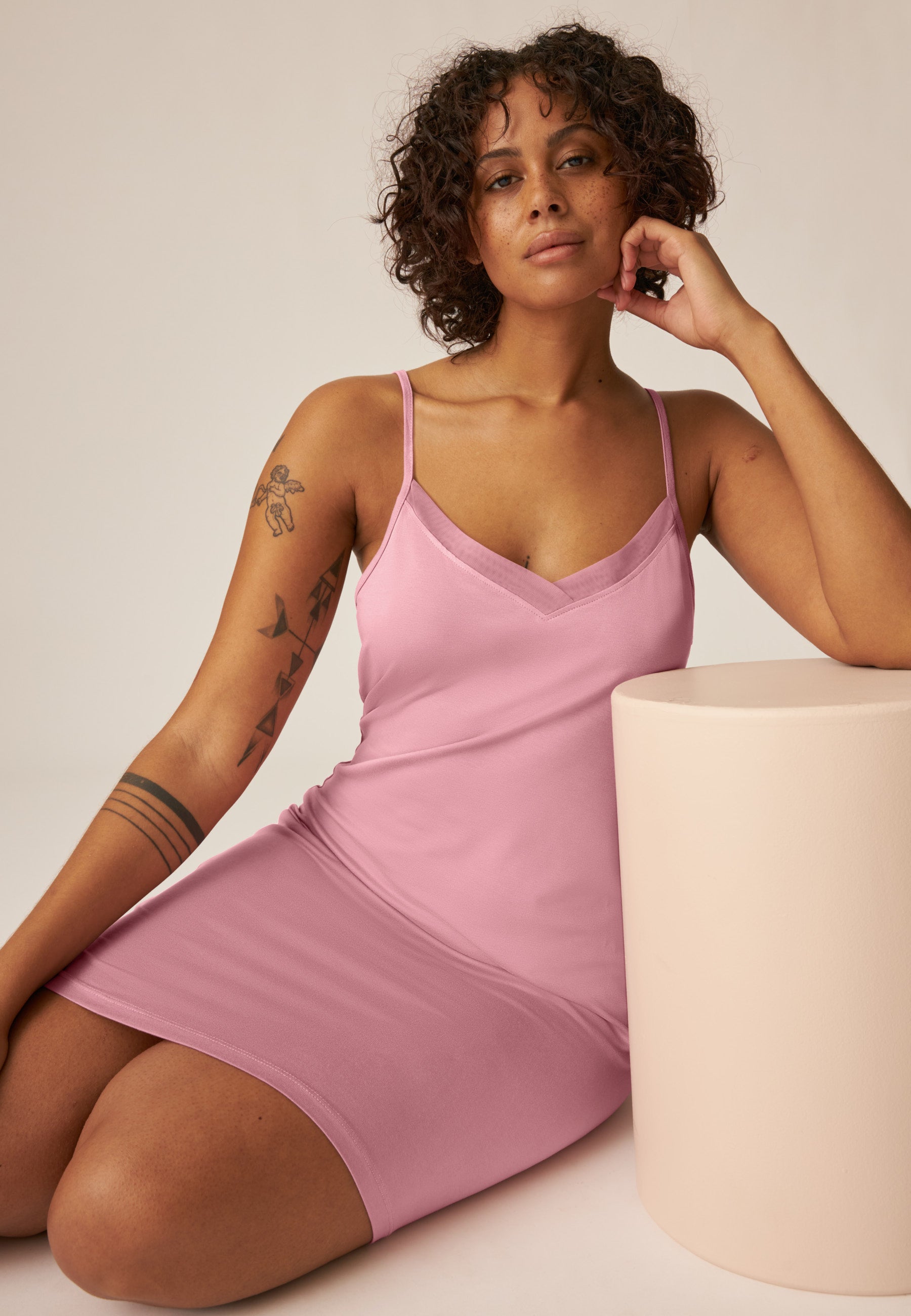 Spaghetti Nightgown with Mesh Detail - Soft Breeze - Smoked Orchid