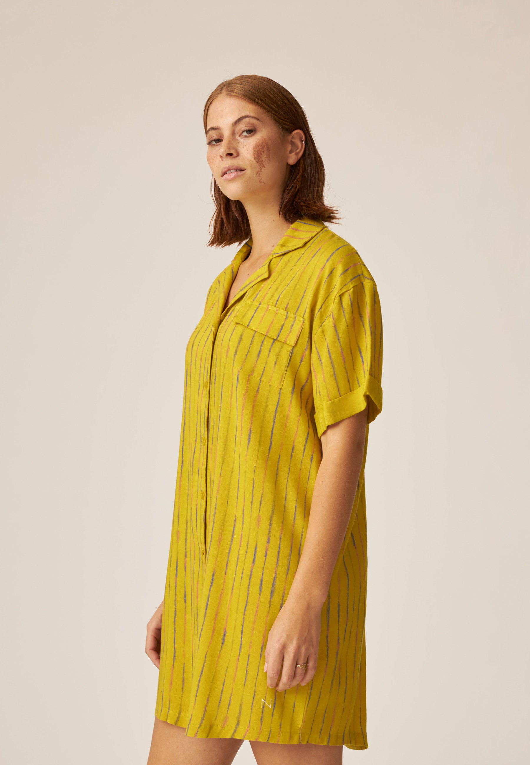 Short Sleeve Dress with Button Placket - Summer Break - Golden Olive Print