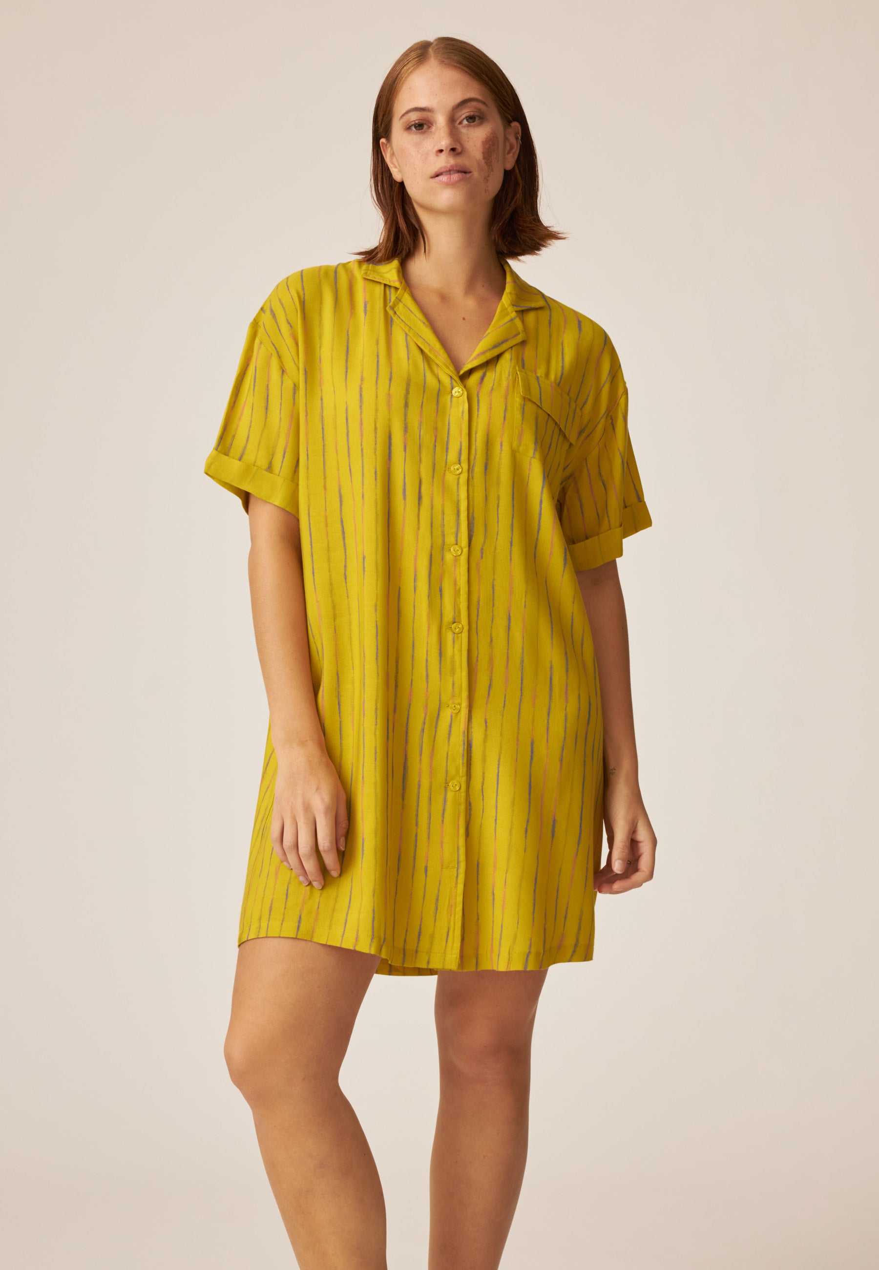 Short Sleeve Dress with Button Placket - Summer Break - Golden Olive Print