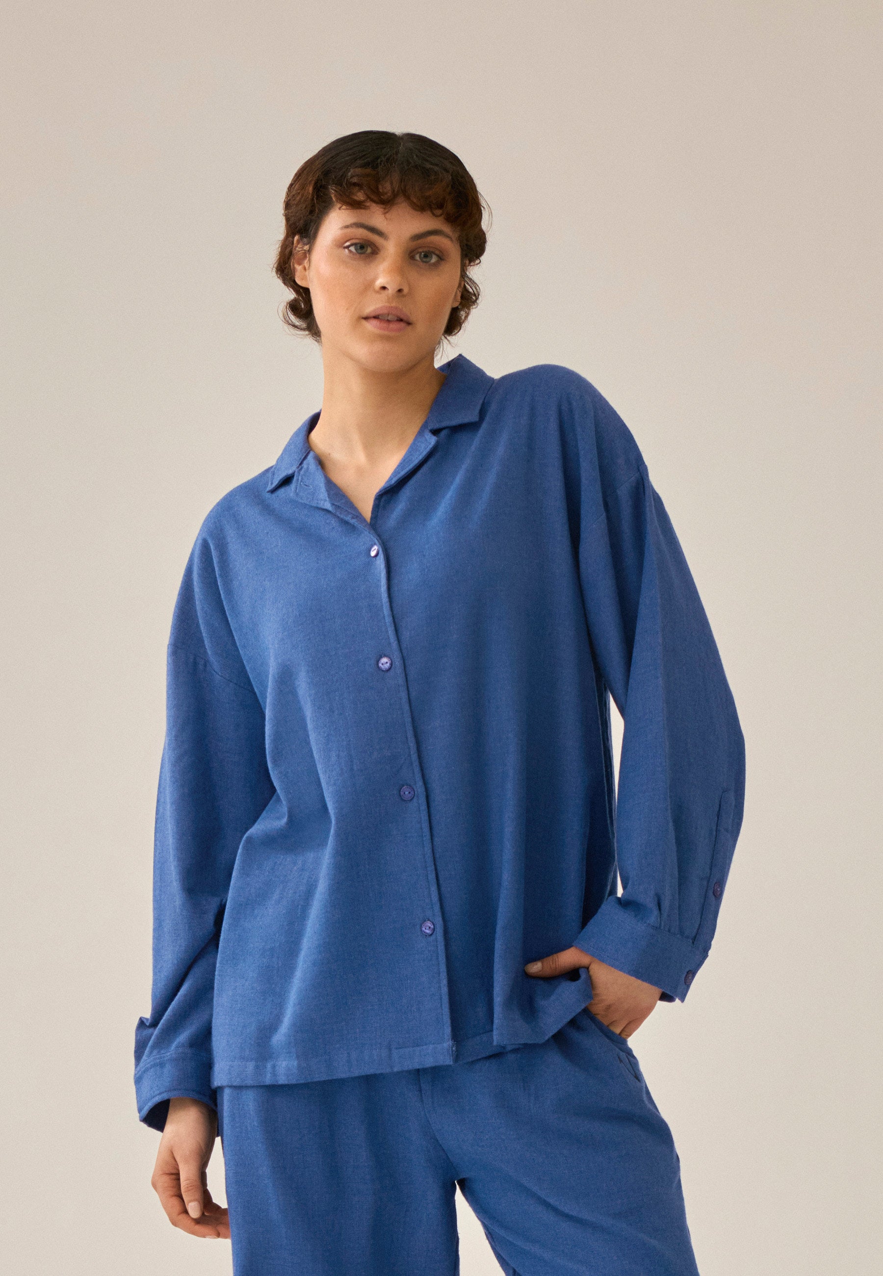 Oversized Langarmshirt kariert - Deep Cobalt Melange