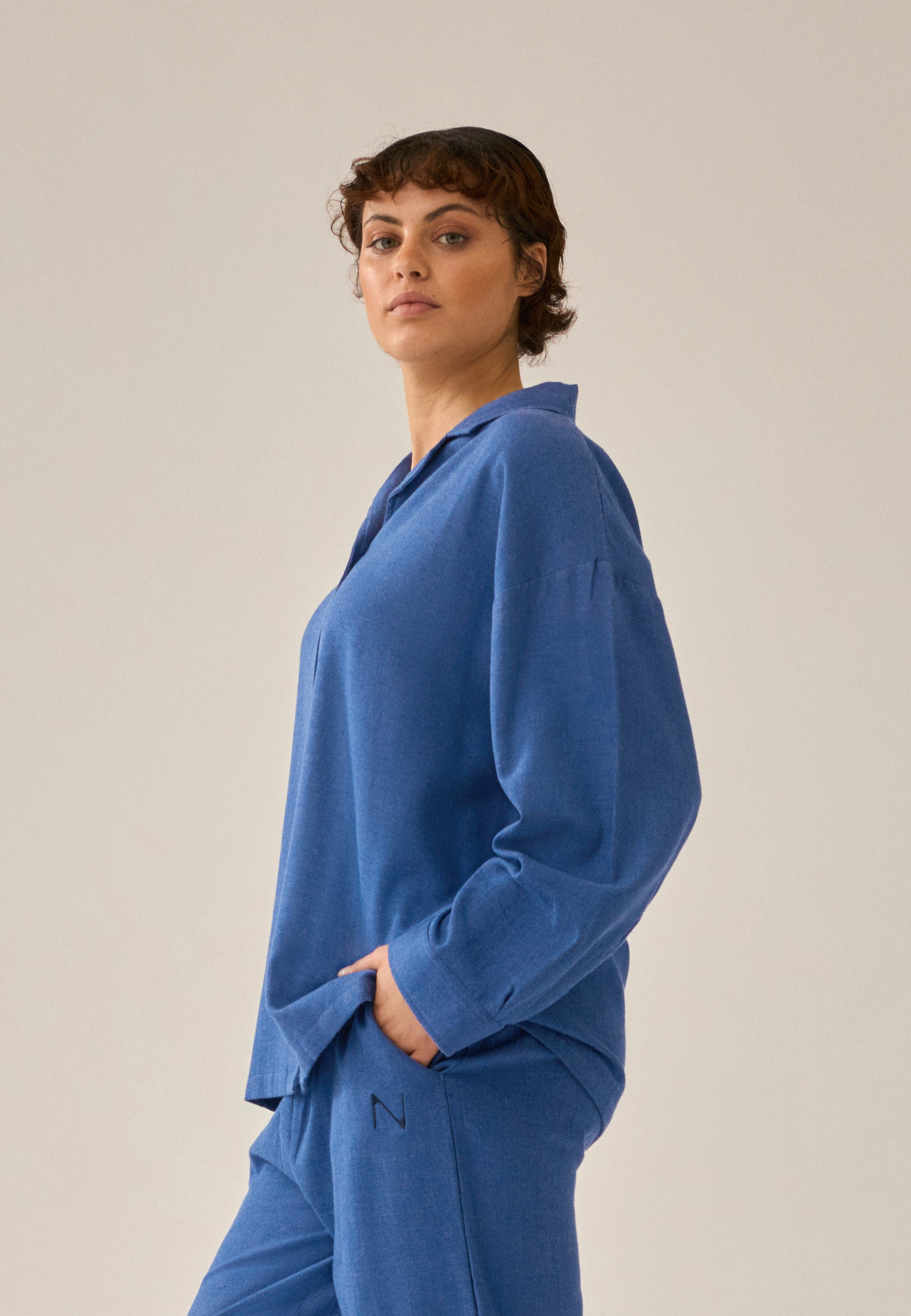 Oversized Langarmshirt kariert - Deep Cobalt Melange