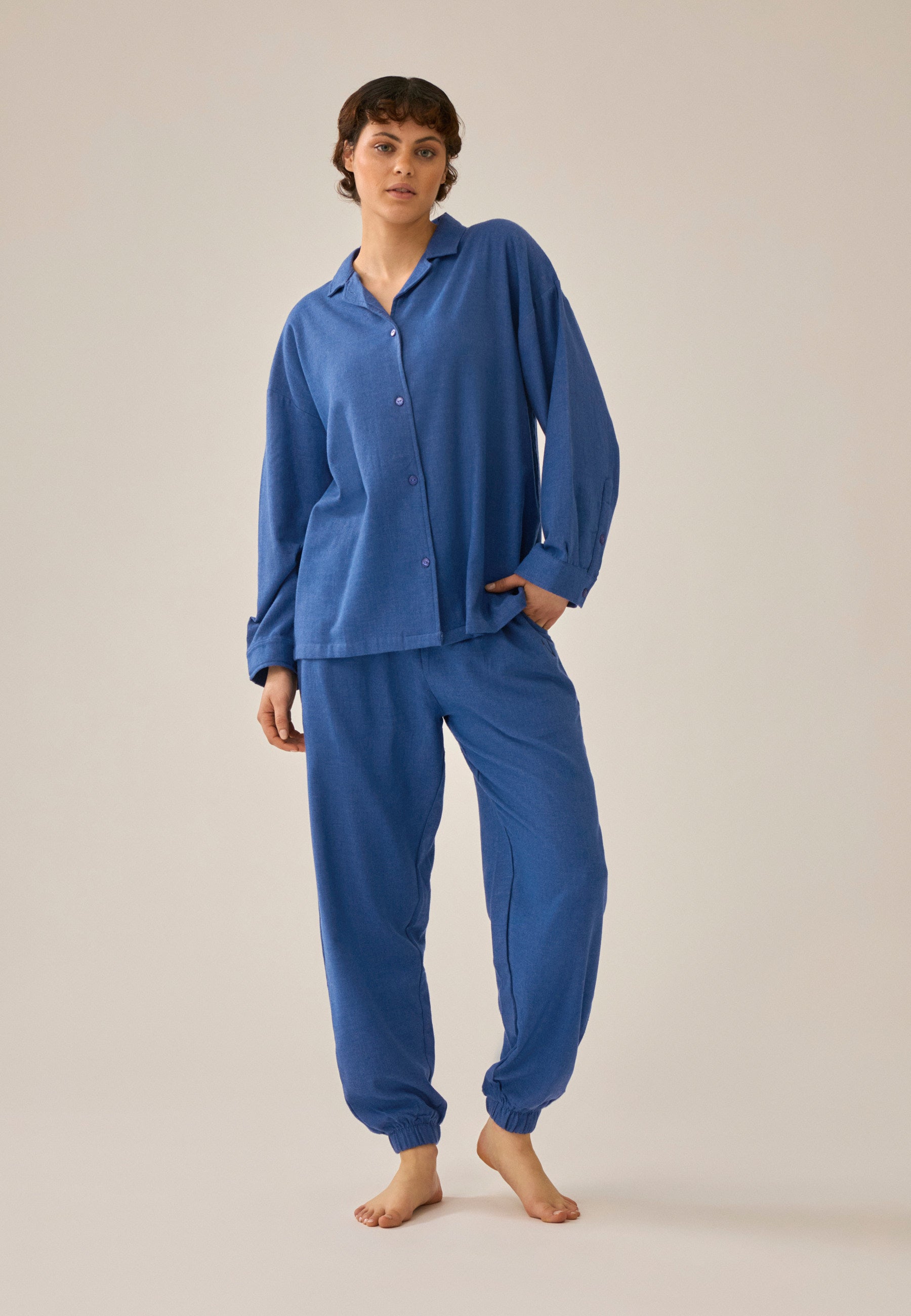 Oversized Langarmshirt kariert - Deep Cobalt Melange