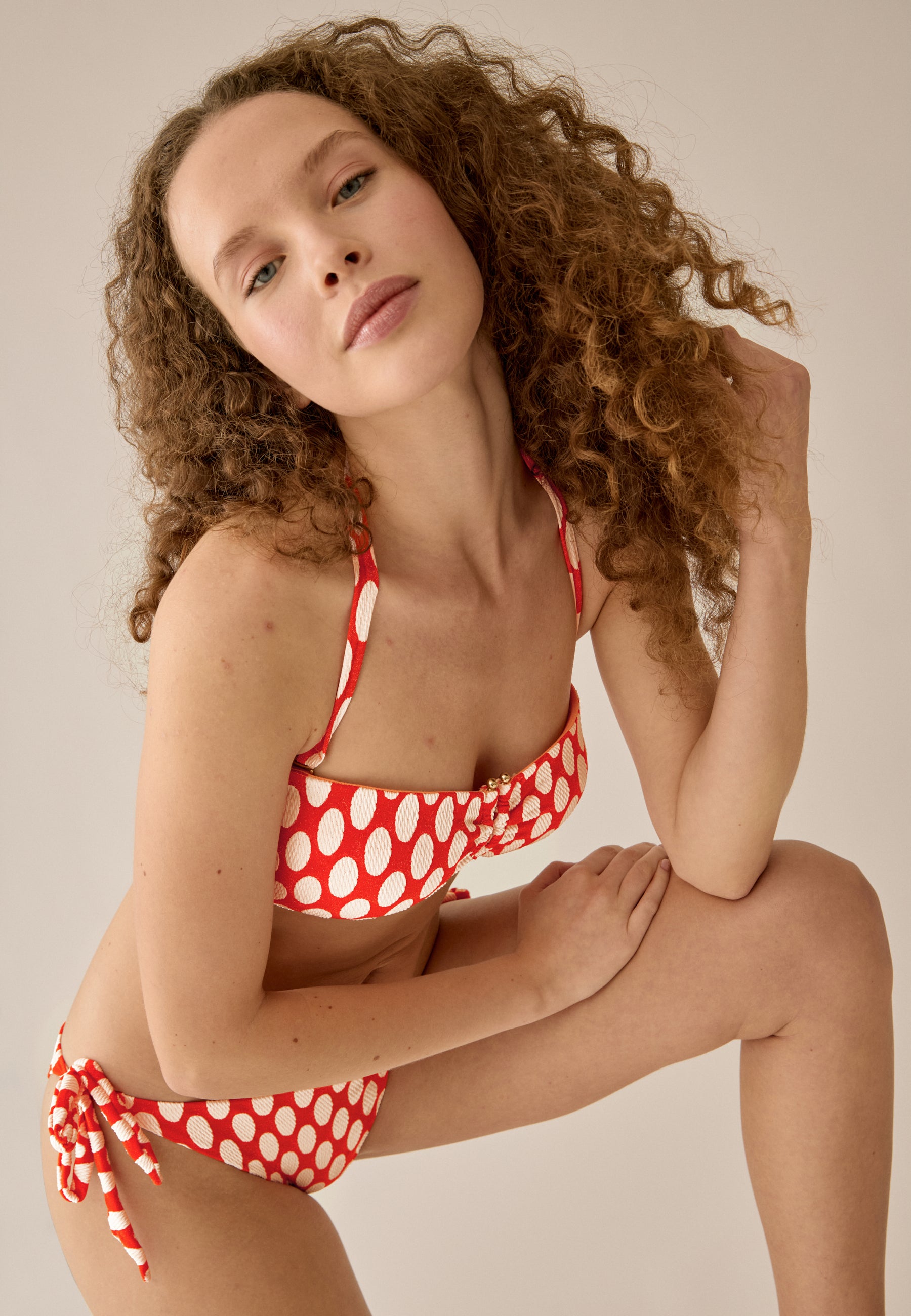 Bandeau Bikini Top with Padded Cups in Polka Dot Design - Grenadine-Polka