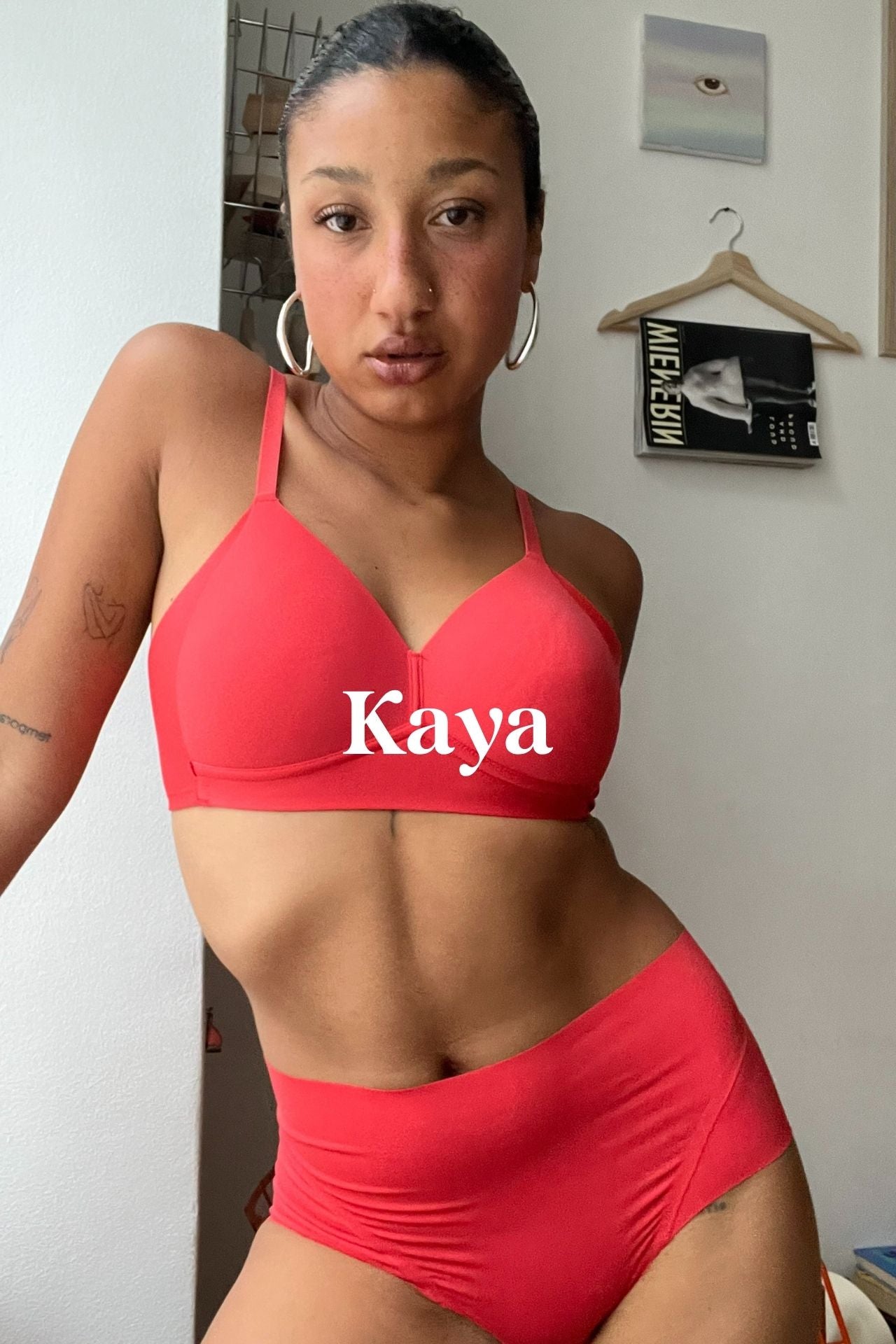 Photo of model called Kaya wearing the new Sidesmoother Bra and Briefs set in Chayenne Red by Naturana