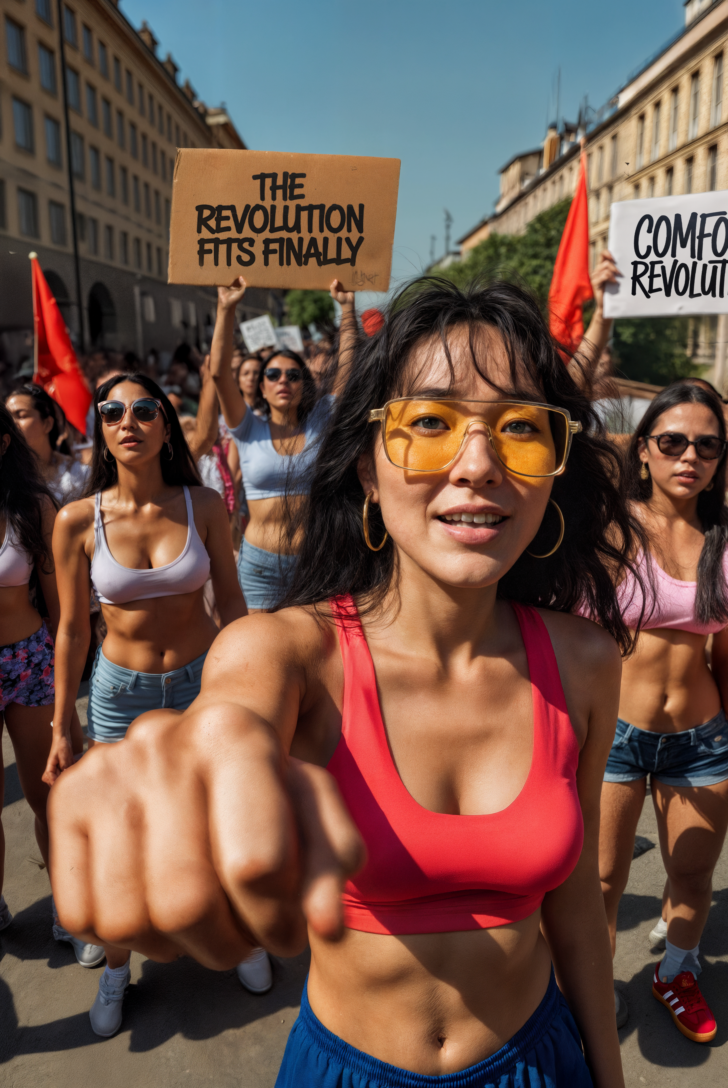 Poster von KI-Modellen inmitten des Protests der Komfort-Revolution