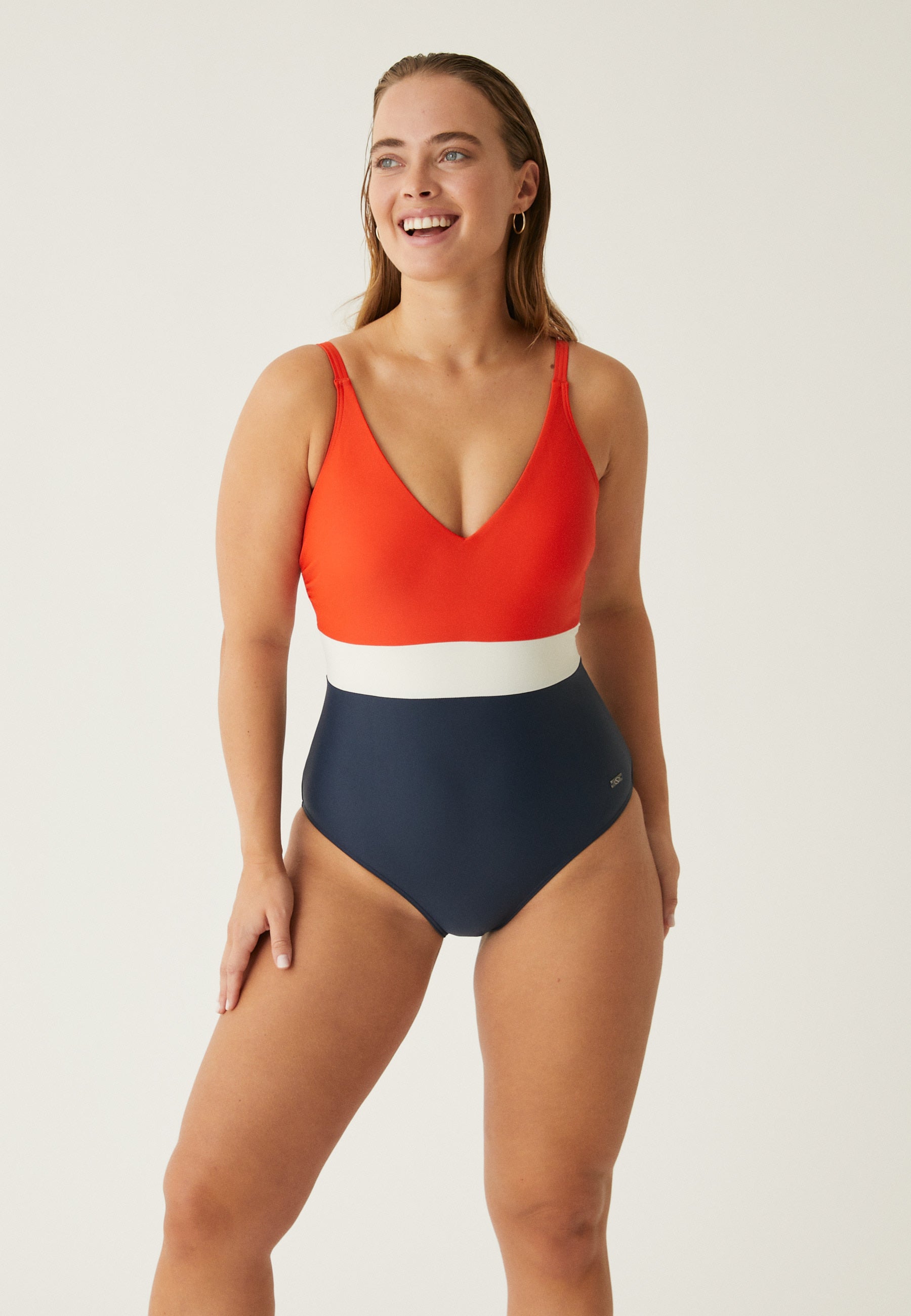 Badeanzug mit Schale - Navy/Rot-Orange